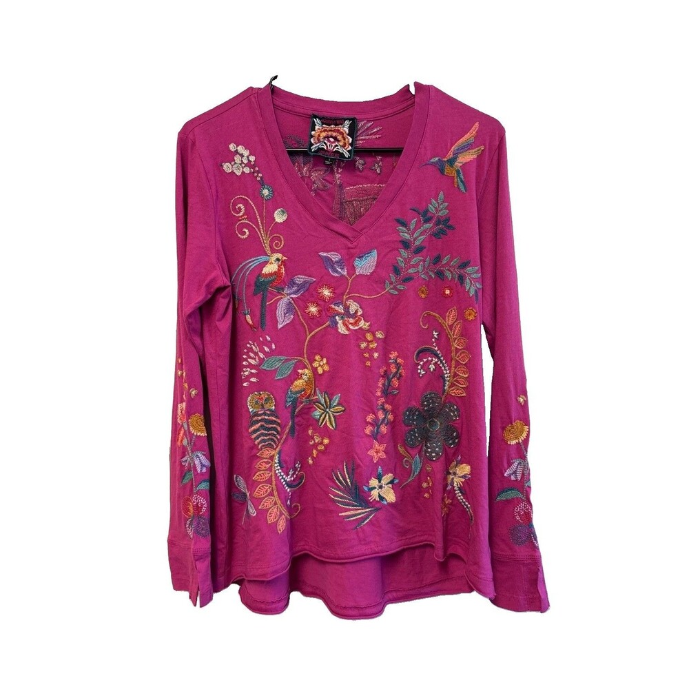 Johnny Was JWLA Violet Edwin Split Jersey Tee S Long Sleeve Birds Embroidered